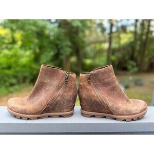 Sorel Boots Womens 9.5 Joan Of Arctic Zip Wedge Booties Shoes Brown Leather Heel